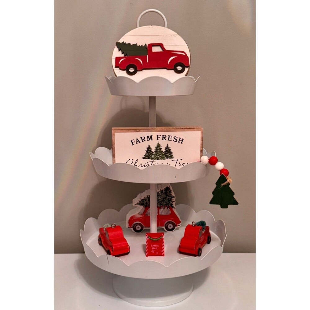 Christmas Holiday Time Tiered Tray 7 Piece Set Farmhouse Tree sign Beads